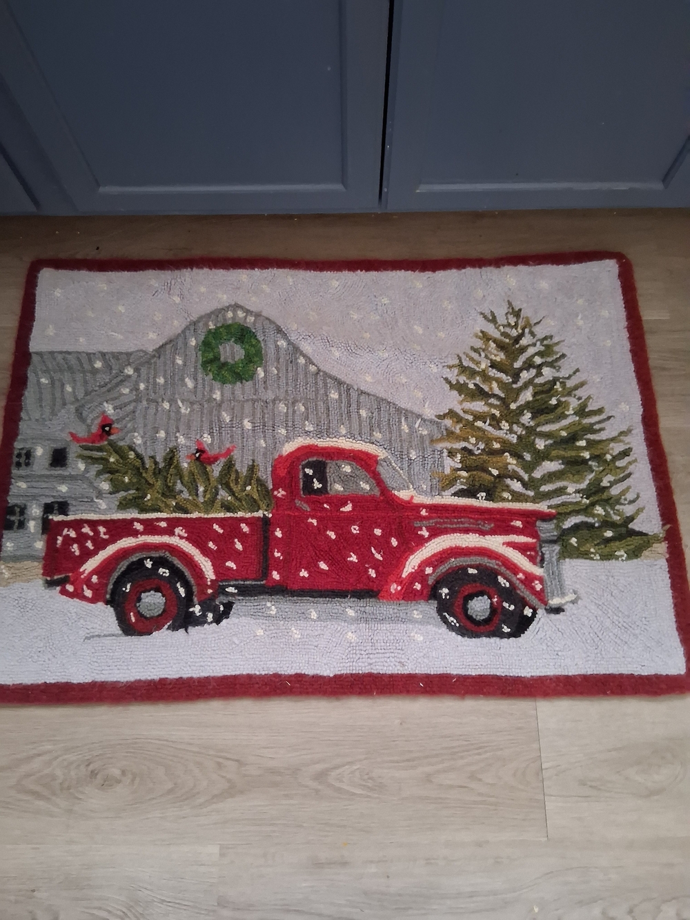 Red Vintage Truck Holiday Door Mat Rug 37x26In Chritmas Decor